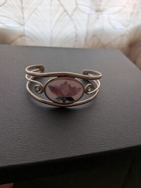 Vintage Mexican Alpaca Silver Inlay Lotus Cuff Bracelet